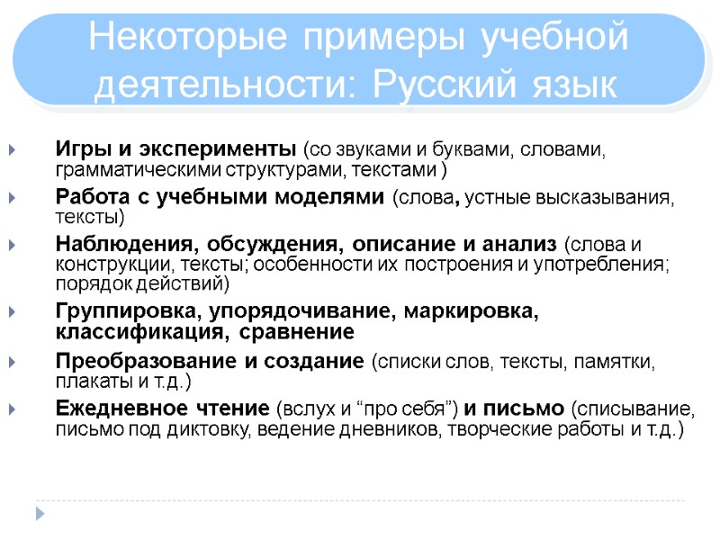 Некоторые примеры учебной деятельности: Русский язык  Игры и эксперименты (со звуками и буквами,